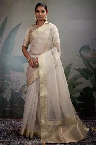 off-white tissue zari woven saree with unstitched blouse