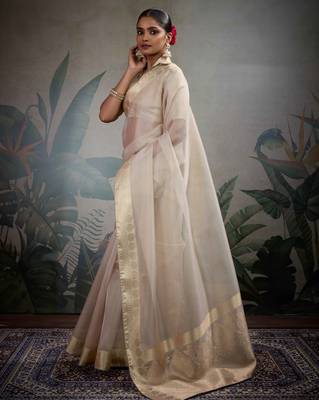 off-white tissue zari woven saree with unstitched blouse 2