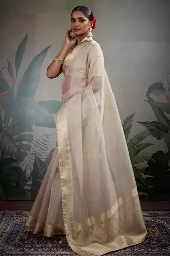 off-white tissue zari woven saree with unstitched blouse