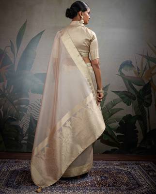 off-white tissue zari woven saree with unstitched blouse 3