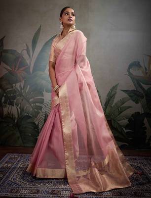 pink tissue zari woven saree with unstitched blouse 1