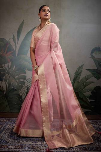 pink tissue zari woven saree with unstitched blouse