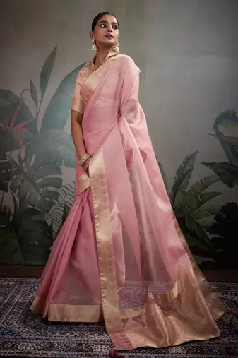 pink tissue zari woven saree with unstitched blouse