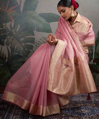 pink tissue zari woven saree with unstitched blouse 2