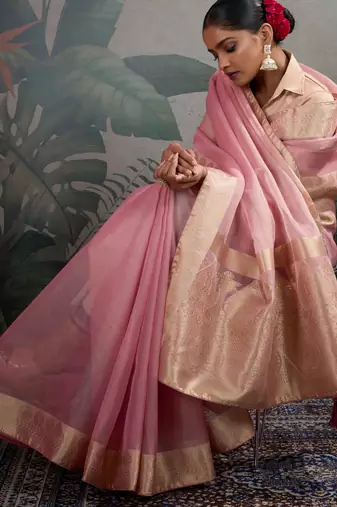 pink tissue zari woven saree with unstitched blouse