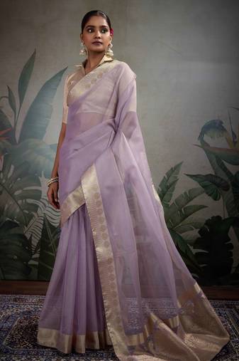 lavender tissue zari woven saree with unstitched blouse