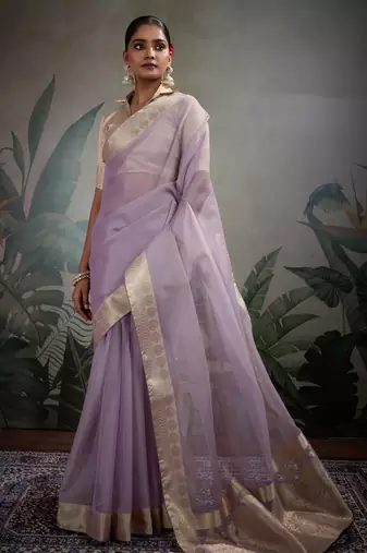lavender tissue zari woven saree with unstitched blouse