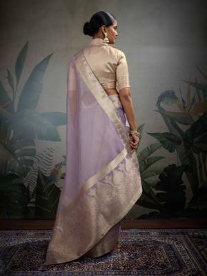 lavender tissue zari woven saree with unstitched blouse 3