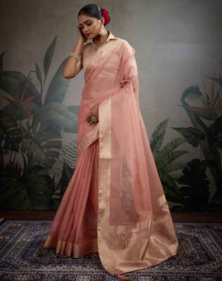 peach tissue zari woven saree with unstitched blouse 1