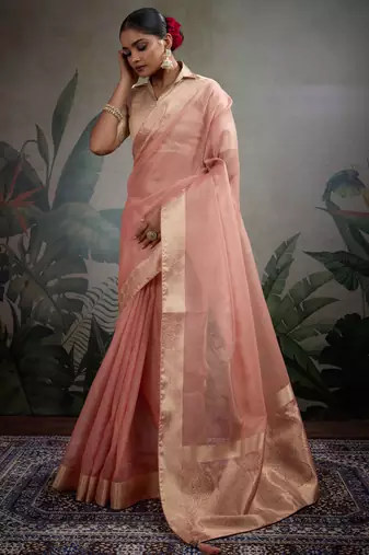 peach tissue zari woven saree with unstitched blouse