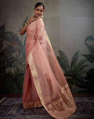 peach tissue zari woven saree with unstitched blouse 2