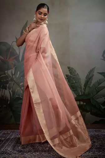 peach tissue zari woven saree with unstitched blouse