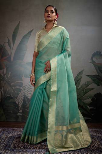 turquoise tissue zari woven saree with unstitched blouse