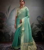 turquoise tissue zari woven saree with unstitched blouse