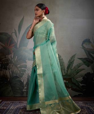 turquoise tissue zari woven saree with unstitched blouse 2