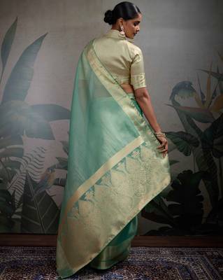 turquoise tissue zari woven saree with unstitched blouse 3