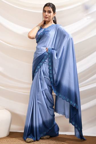 blue crepe beads & stone saree with unstitched blouse