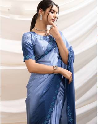 blue crepe beads & stone saree with unstitched blouse 2