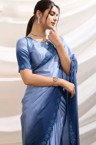 blue crepe beads & stone saree with unstitched blouse