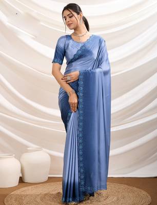 blue crepe beads & stone saree with unstitched blouse 3