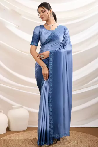 blue crepe beads & stone saree with unstitched blouse