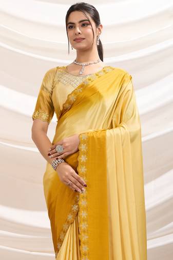 yellow crepe beads & stone saree with unstitched blouse
