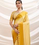 yellow crepe beads & stone saree with unstitched blouse