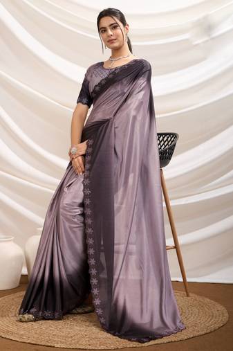 mauve crepe beads & stone saree with unstitched blouse