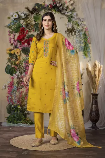 Mustered yellow Designer Straight Kurti Pant Dupatta Set With Embroidery And Hand Work