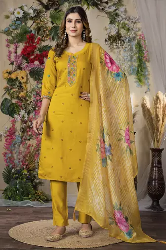 Mustered yellow Designer Straight Kurti Pant Dupatta Set With Embroidery And Hand Work