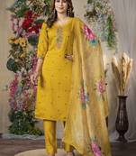 Mustered yellow Designer Straight Kurti Pant Dupatta Set With Embroidery And Hand Work