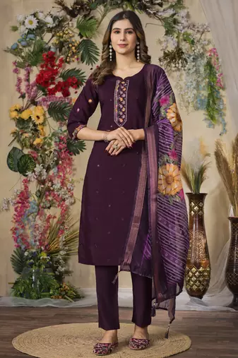 Wine Designer Straight Kurti Pant Dupatta Set With Embroidery And Hand Work