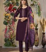Wine Designer Straight Kurti Pant Dupatta Set With Embroidery And Hand Work