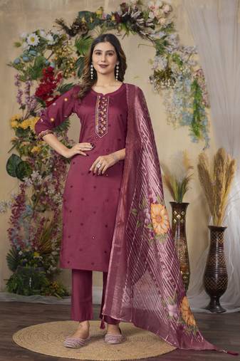 Cherish  Designer Straight Kurti Pant Dupatta Set With Embroidery And Hand Work