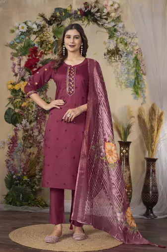 Cherish  Designer Straight Kurti Pant Dupatta Set With Embroidery And Hand Work