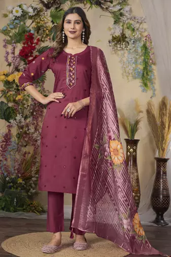 Cherish  Designer Straight Kurti Pant Dupatta Set With Embroidery And Hand Work