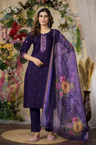 Purple  Designer Straight Kurti Pant Dupatta Set With Embroidery And Hand Work
