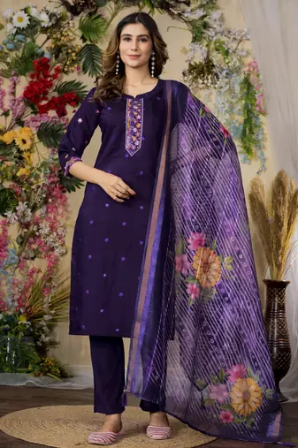 Purple  Designer Straight Kurti Pant Dupatta Set With Embroidery And Hand Work