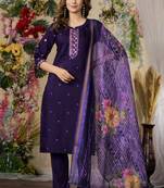 Purple  Designer Straight Kurti Pant Dupatta Set With Embroidery And Hand Work