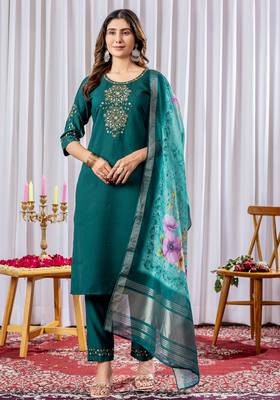 Green Designer Straight Kurti Pant Dupatta Set With Embroidery And Hand Work 1