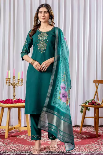 Green Designer Straight Kurti Pant Dupatta Set With Embroidery And Hand Work
