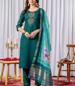 Green Designer Straight Kurti Pant Dupatta Set With Embroidery And Hand Work