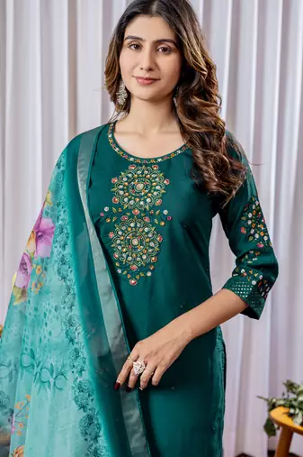 Green Designer Straight Kurti Pant Dupatta Set With Embroidery And Hand Work