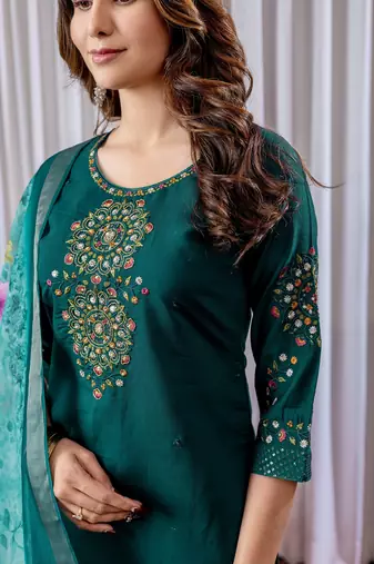 Green Designer Straight Kurti Pant Dupatta Set With Embroidery And Hand Work