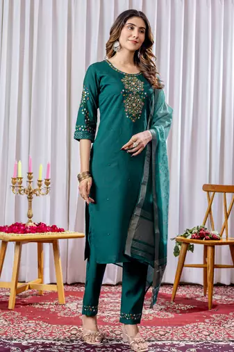Green Designer Straight Kurti Pant Dupatta Set With Embroidery And Hand Work