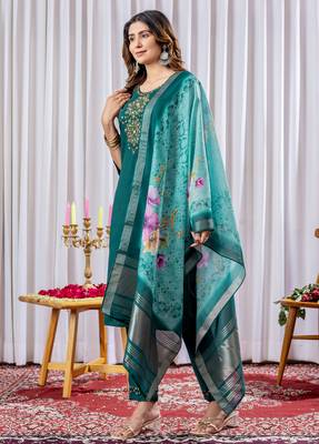 Green Designer Straight Kurti Pant Dupatta Set With Embroidery And Hand Work 6