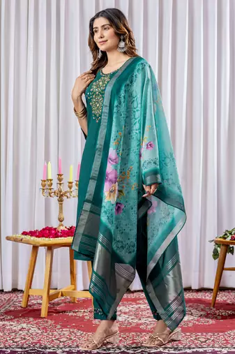 Green Designer Straight Kurti Pant Dupatta Set With Embroidery And Hand Work