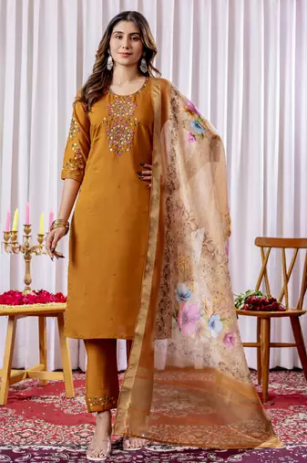 Mustered  Designer Straight Kurti Pant Dupatta Set With Embroidery And Hand Work