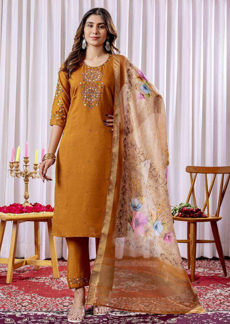 Mustered  Designer Straight Kurti Pant Dupatta Set With Embroidery And Hand Work