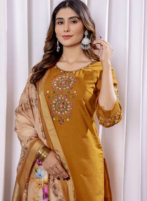 Mustered Designer Straight Kurti Pant Dupatta Set With Embroidery And Hand Work 3